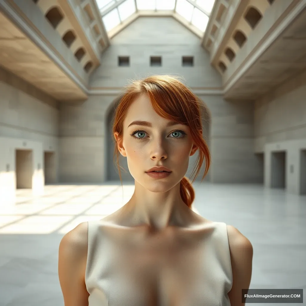 Style by Ren Hang, depth of fields, (sharp focus:1.15), a huge space with falling light, a museum, Peter Zumthor style, real, huge empty space, white stone, strong light contrast, symmetric composition, most beautiful museum in the world, 4k stone texture, facial freckles, HD wallpaper, natural color skin, trending on ArtStation, highly detailed professional model pose, redhead, sunlight, mellow background, huge empty high space, the most beautifully proportioned European woman in the world, lobby, wide angle, roof window light. - Image