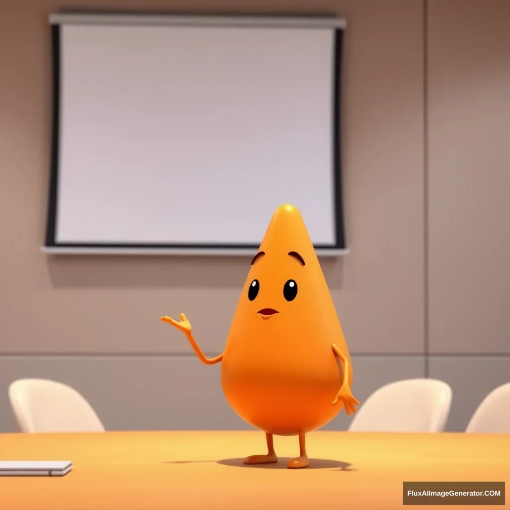 A simple, 3D Pixar-style character with a smooth, round body shape, resembling an upside-down triangle with the sharp angle pointing down, colored in bright orange, presenting at a meeting with a projector screen, Pixar-inspired style. The inverted triangle character’s body is an inverted triangle shape, wide at the top and narrowing towards the bottom. inverted triangle. - Image