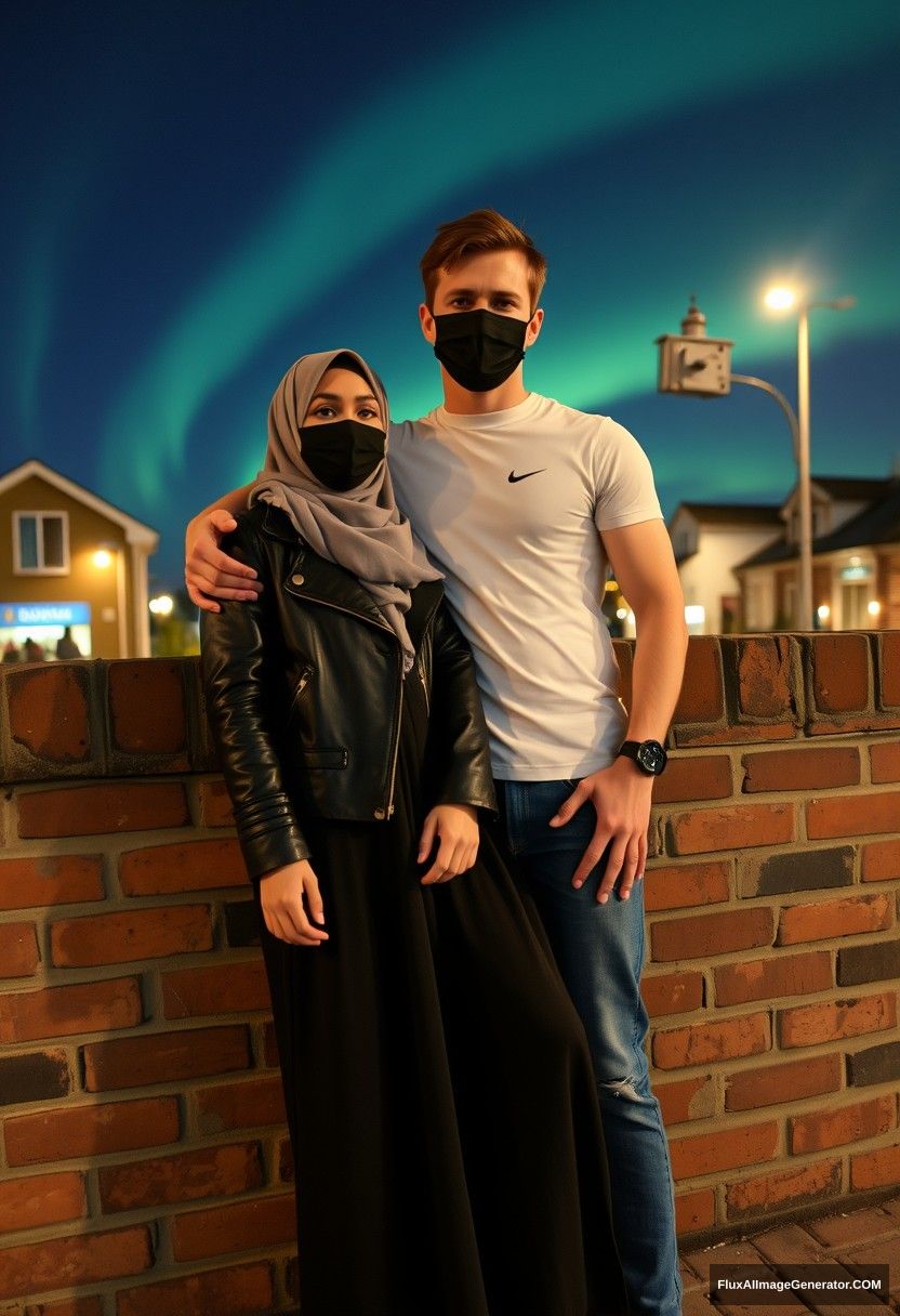 Jamie Dornan, tall and handsome, wearing a black face mask, a white Nike t-shirt, and jeans, is dating a beautiful Muslim girl in a grey hijab with captivating eyes. She wears a black face mask and a leather jacket, along with an extremely long and wide skirt, and she is not very tall. They are lying against a brick wall in the town, creating a photorealistic scene reminiscent of street photography, featuring selfie photos and a night scenery illuminated by the aurora borealis. - Image