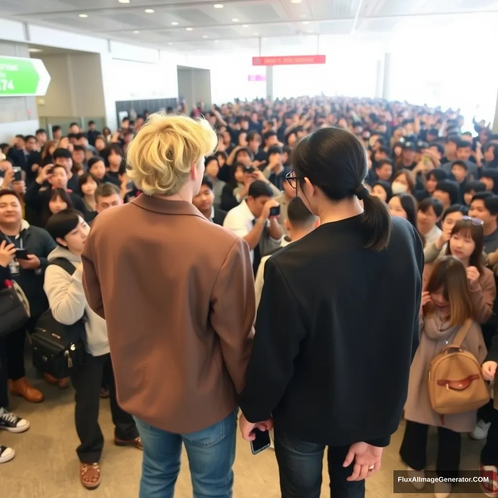 A man with curled, blonde ear-length hair and a man with low pony-tailed ebony hair are holding each other's hands in front of a huge crowd of fans at the airport, both in K-pop idol style, with the blonde man being taller than the other man.