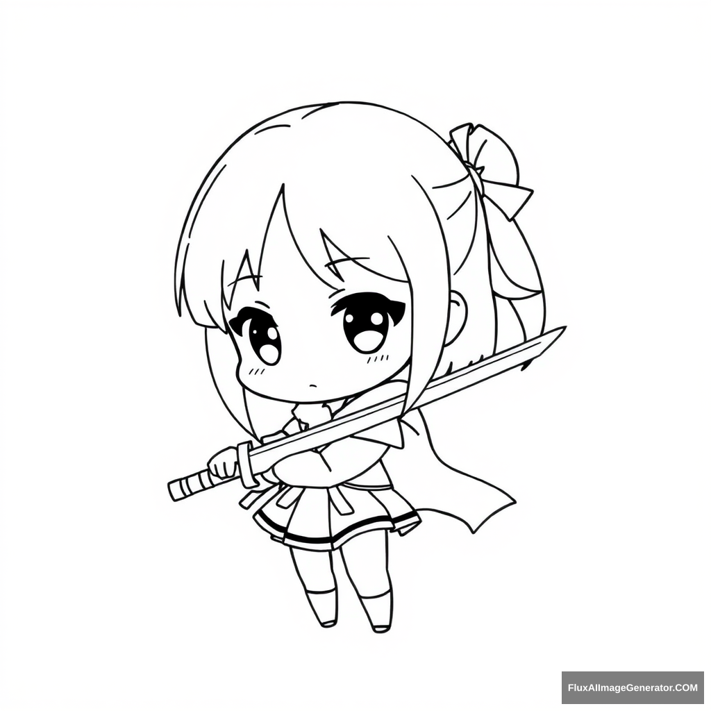 Super simple anime girl lineart. chibi. holding sword.