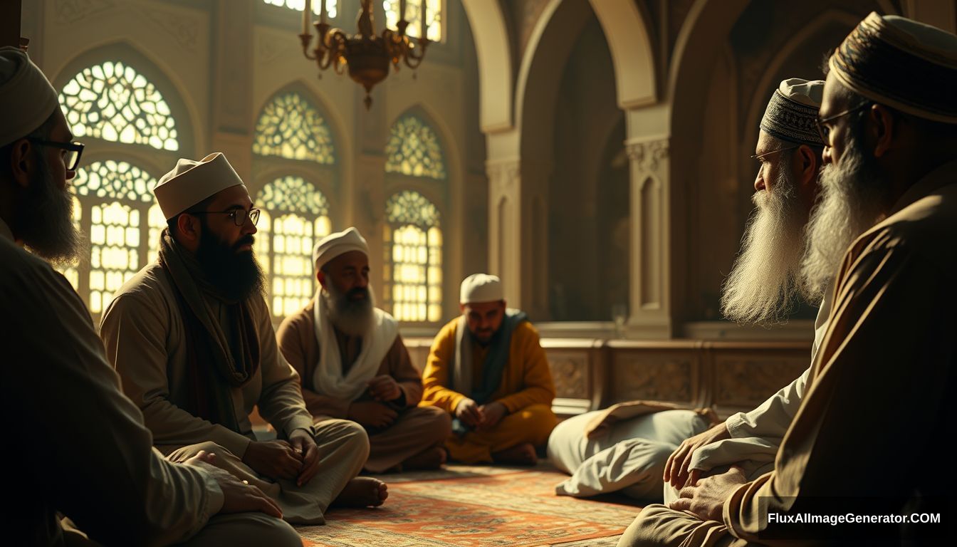 A group of Muslims discussing in an Ultra HD, realistic, educational setting, with warm and cinematic lighting. - Image