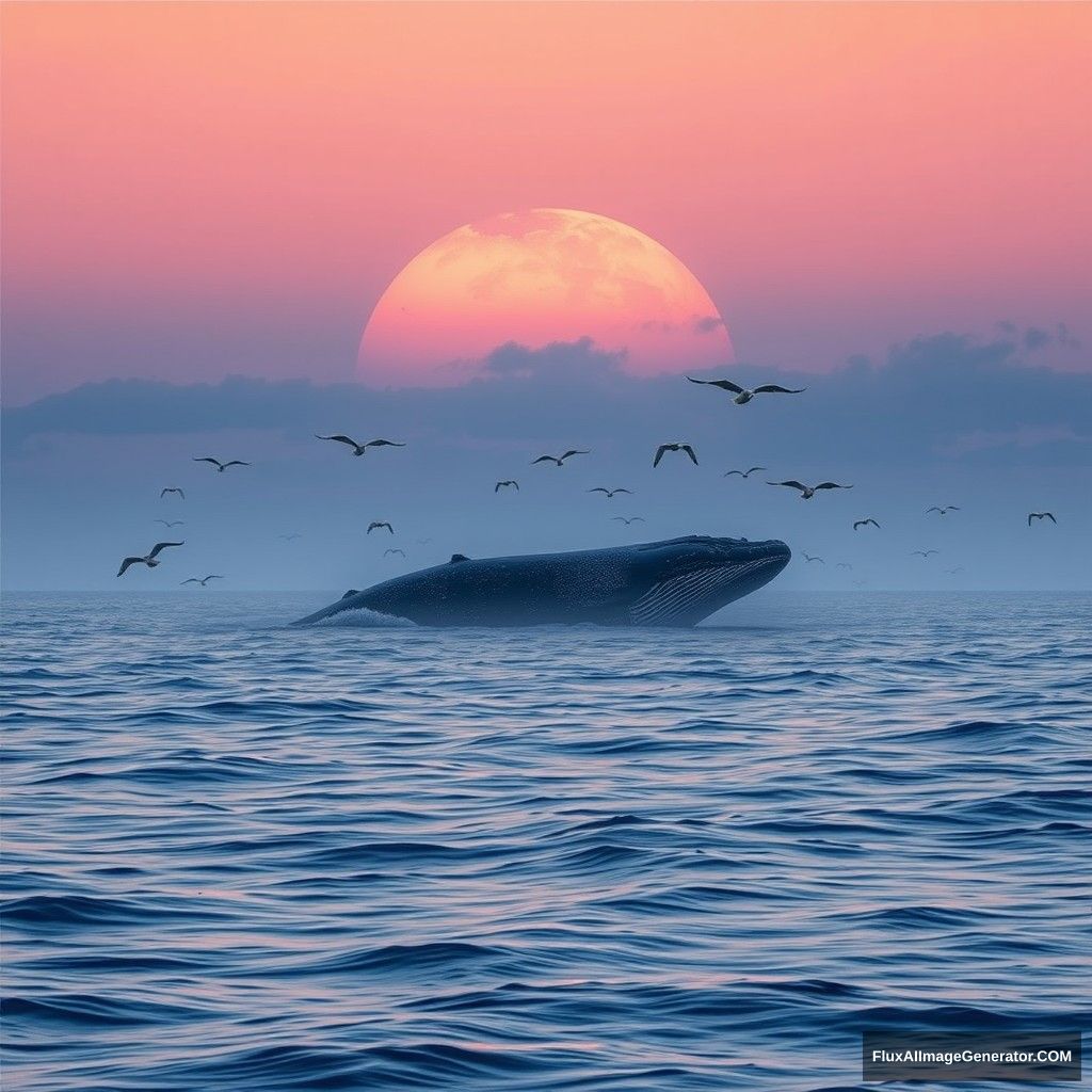 A peaceful landscape where the birds are flying around the huge whale, under the blue and magenta tone sunset cloud. - Image