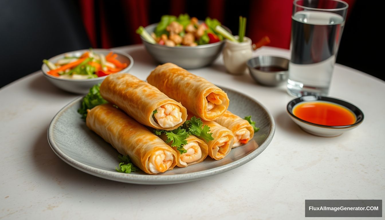 A highly detailed and sharp image of seafood spring rolls, plated on a grey plate. The spring rolls are golden brown and crispy, with some cut open to reveal the shrimp and vegetable filling inside. The plate is garnished with a small side of fresh salad greens. In the background, there is a bowl of mixed salad and a small dish of dipping sauce, along with a glass of water. The setting is on a light-colored textured surface. The background includes dark areas with a hint of red drapes, providing a contrast that enhances the vibrant colors of the dish. The overall atmosphere is elegant and appetizing, capturing the intricate details of the spring rolls and the dining setting. - Image