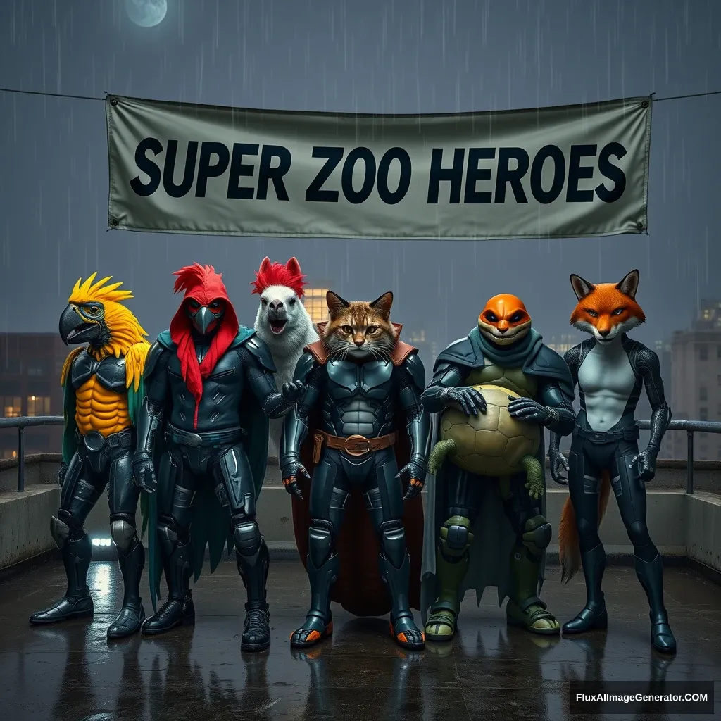 5 animal-themed cyborg superheroes, themed around parrot, llama, cat, turtle, and fox.  
They pose on a rooftop on a rainy night for a photo beneath a banner that reads "Super Zoo Heroes."  

Gritty, moody, realistic. - Image