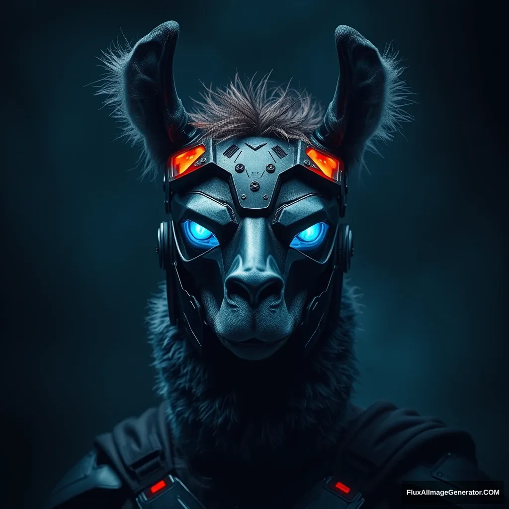 A dark and moody picture of cyborg llama batman.