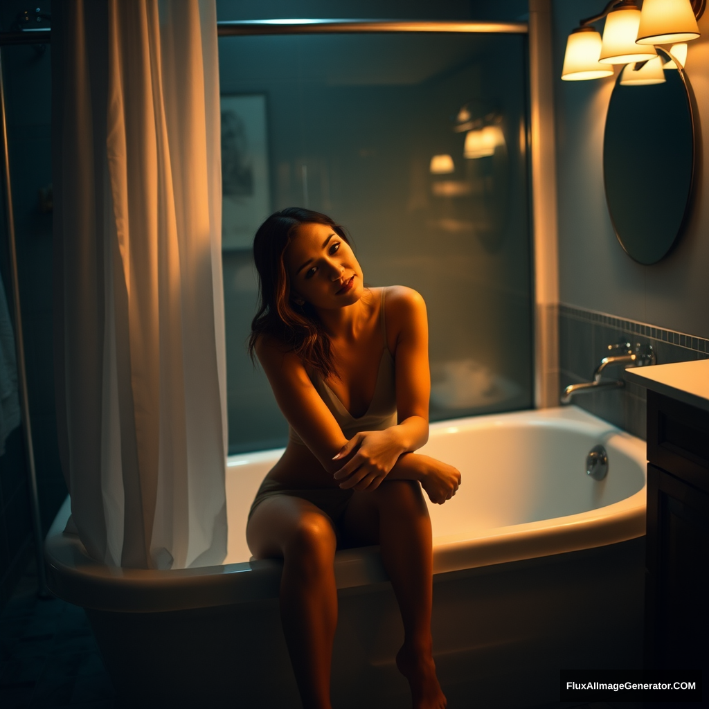 A dimly lit bathroom with a warm glow emanating from the vanity lights, casting a soft ambiance on the woman's serene face. She sits comfortably on the edge of the bathtub, her hands cradling the porcelain, as if lost in thought. The shower curtain is partially open, revealing a glimpse of steamy glass, and the tile floor glistens with moisture. - Image