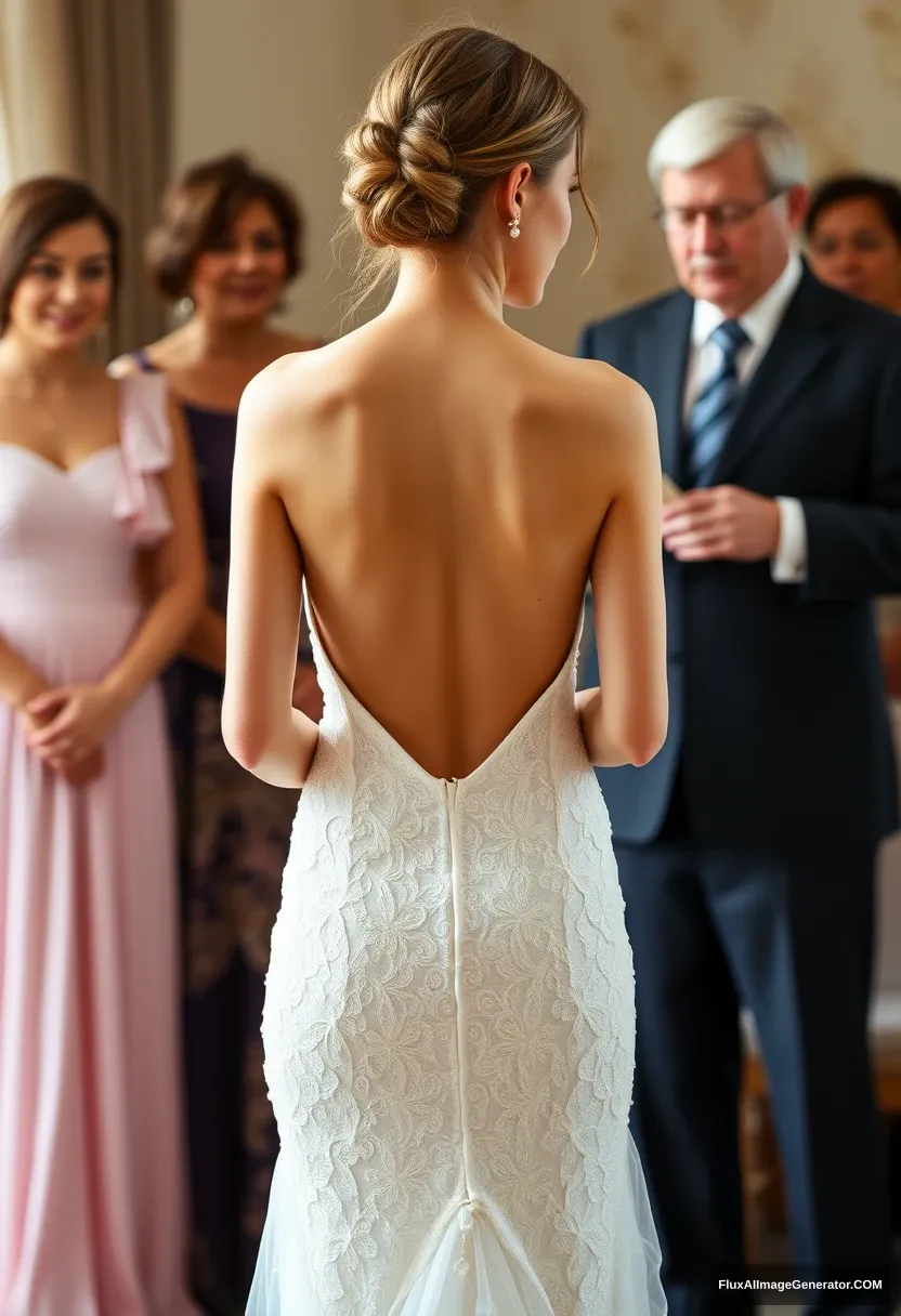 A short young woman, sensitive and delicate, wearing a backless, strapless, side-less, low-waisted contouring wedding dress with a breezy loose open back that spills open to the sides, seemingly left intentionally undone in front of elder patriarchy. Expectations. Perfect posture. - Image