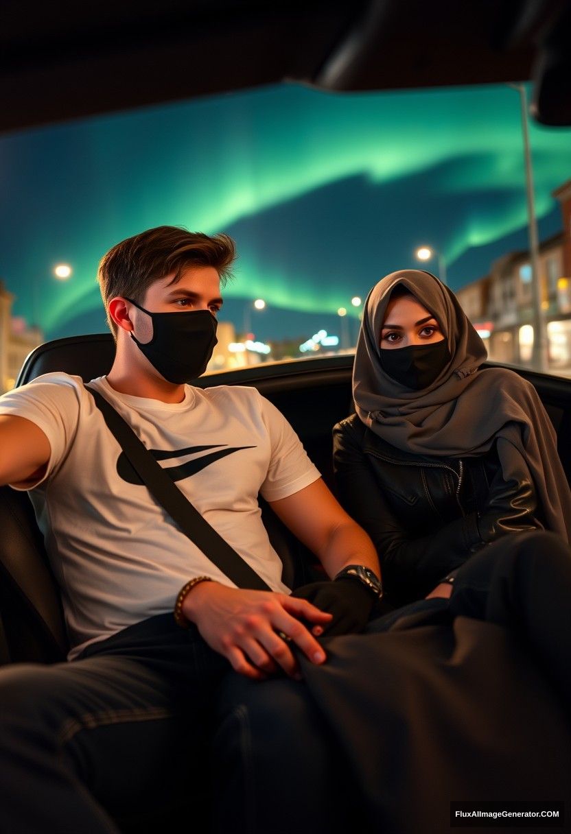 Jamie Dornan, tall, young, wearing a black face mask, a white Nike t-shirt, and jeans, driving a sports car.

Dating a romantic love interest, a gray hijab-wearing Muslim girl with beautiful eyes, wearing a black face mask, a leather jacket, and a very long and large skirt, who is not tall.

Sitting in a sports car in town, photorealistic street photography, nighttime scenery, aurora borealis. - Image