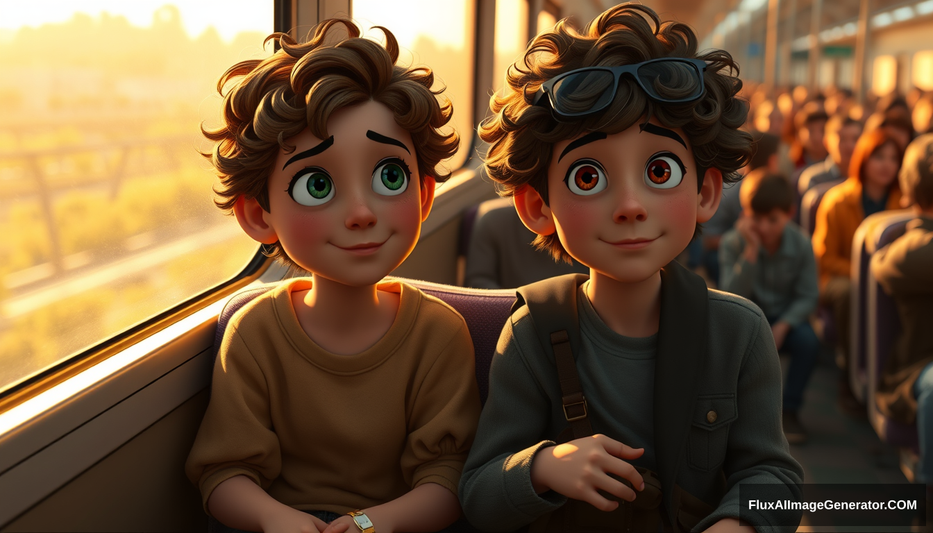 1 boy and girl, sitting, train, curly hair, golden hours, high quality, aerial view, people, crowd, ((focus on girl and boy)), Pixar style BREAK looking at viewer - Image