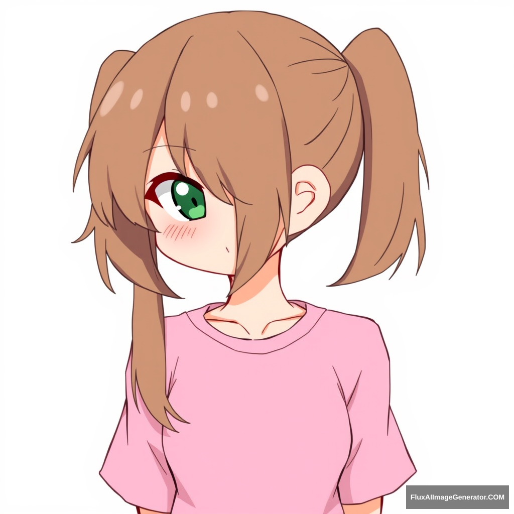 single,1 girl,twin tails,brown hair,simple background,white background,pink shirt,short twin tails,shirt,show the muscles