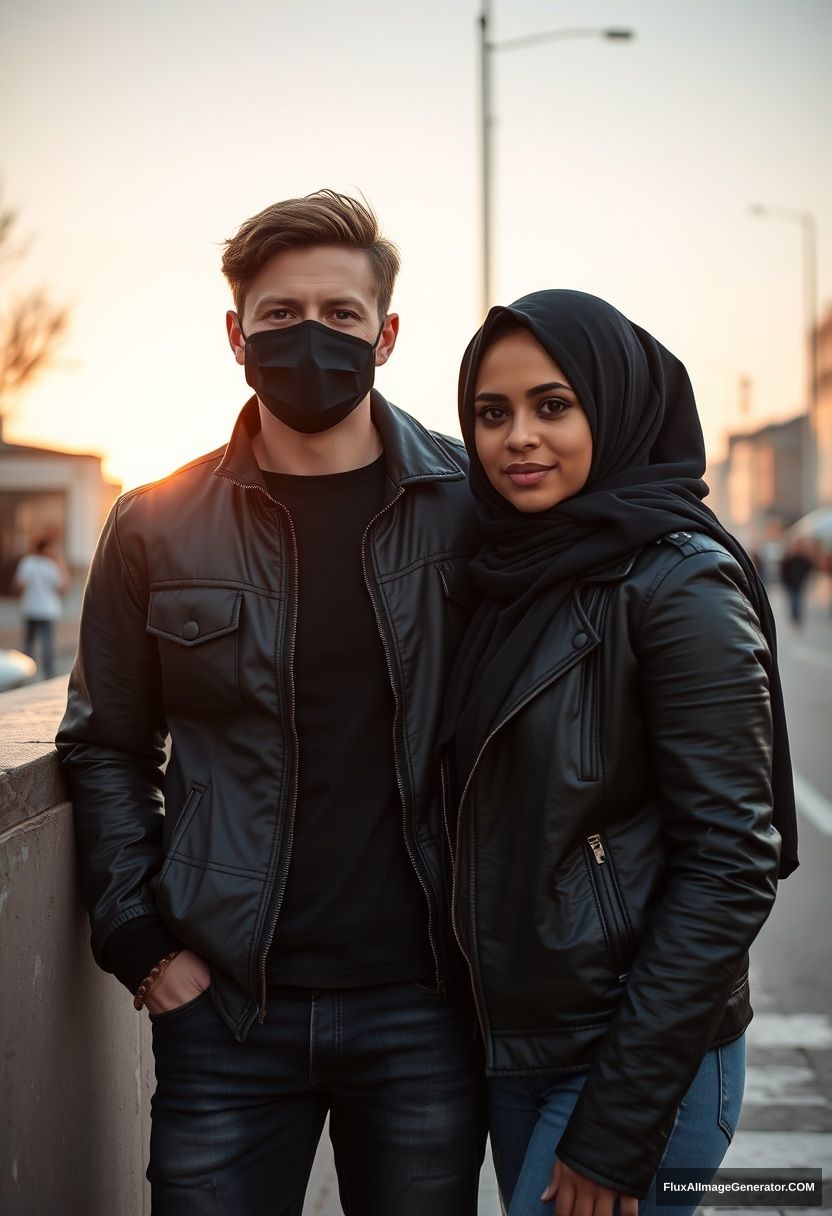 Jamie Dornan, handsome, young, black face mask, collage jacket, jeans, dating a beautiful black hijab Muslim girl with beautiful eyes, wearing a black face mask and a black leather jacket, standing against a wall in the town during a morning scene with a sunrise, photorealistic, street photography. - Image