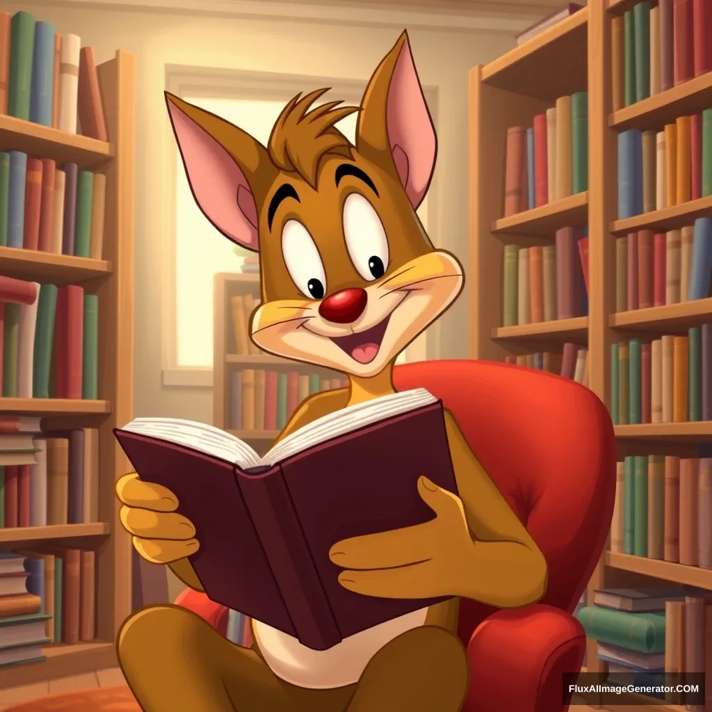 "Please bring Jerry's image to life. Jerry is reading a book in his room, so create a background filled with bookshelves and vividly describe Jerry's characteristics."