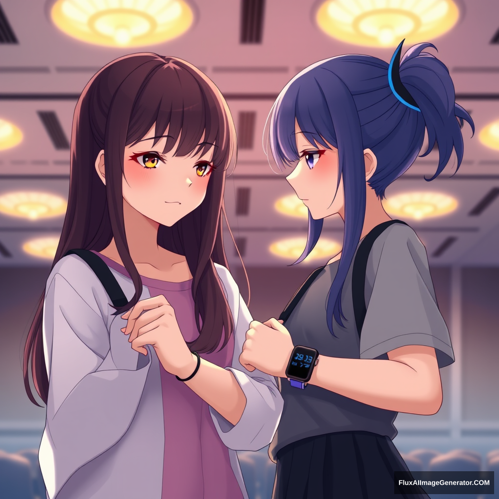 8k unity wallpaper of two girls standing side-by-side and looking down at their watches, beautiful modern anime illustration, cinematic lighting, indoors, conference hall.