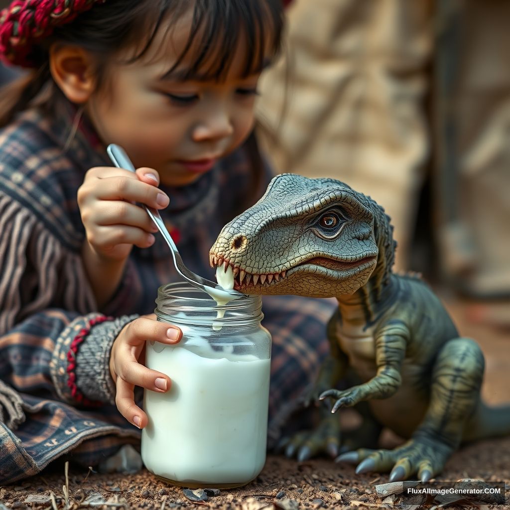 Close-up shot of a little Mongolian girl sitting on the ground and feeding a little baby dinosaur T-rex cub Mongolian yogurt from a glass jar with a spoon, and stroking its head, Mongolian yurts, steppe Gobi Mongolia, realistic photo, 4K, masterpiece, intricate, highly detailed. - Image