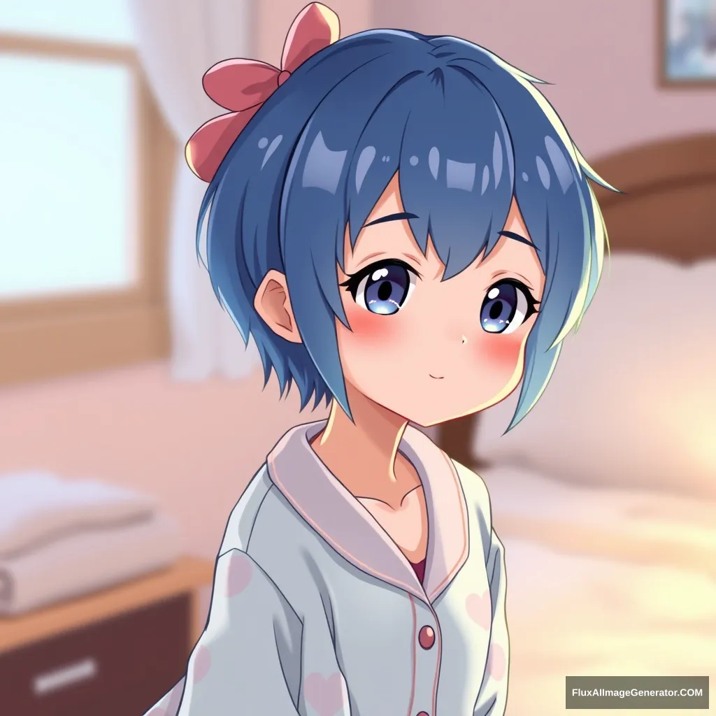 A cute animated girl with blue short hair, wearing pajamas.