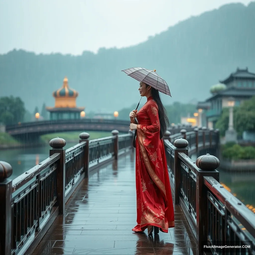 A Chinese beauty walks on the bridge in the rain.