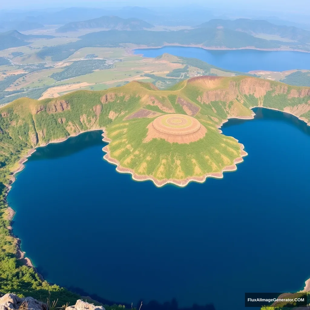 A panoramic view of Lonar Crater Lake, showing its deep blue waters surrounded by lush greenery and the distinctive circular crater. - Image