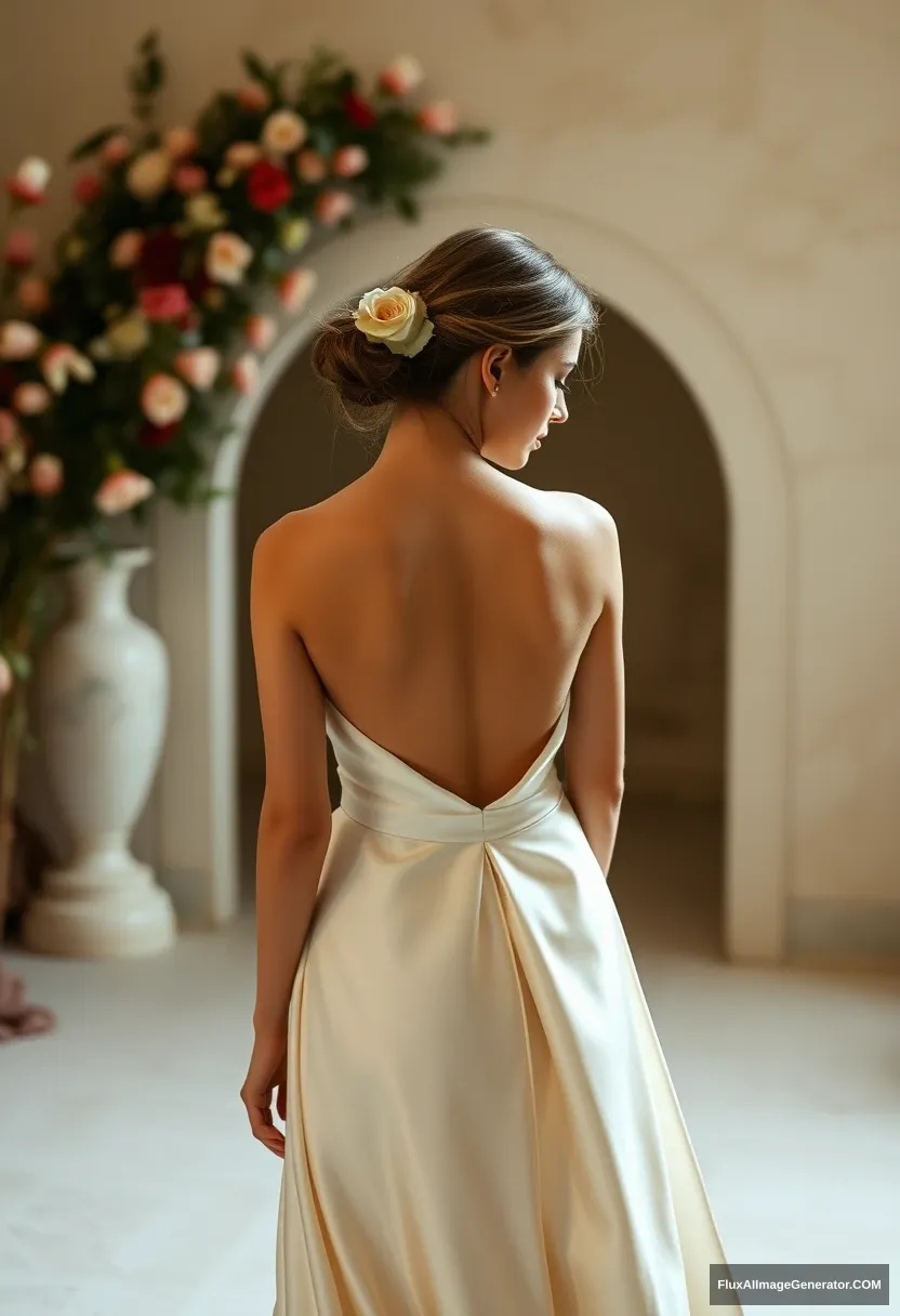 a young woman, sensitive, delicate, ashamed, backless strapless low-waisted silk wedding dress - Image