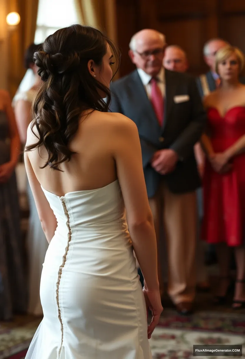 A short young woman, sensitive, delicate, ashamed, wearing a backless, strapless, side-less, low-waisted, open-back contouring wedding dress that's starting to come undone, standing in front of elder patriarchy, expectations, anticipation.