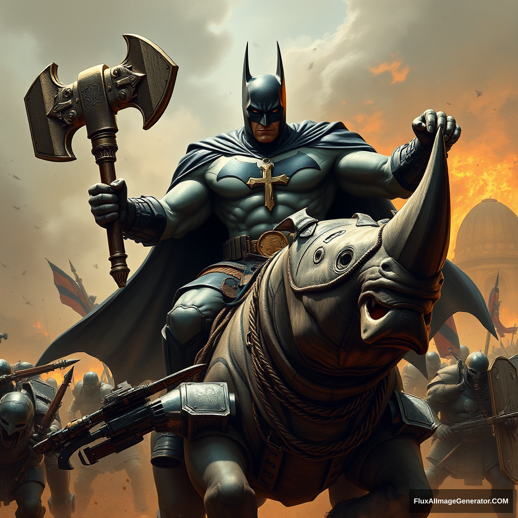 Giant muscular Batman joining the crusades, with crucifix on his chest, holding an oversized sledgehammer riding a muscular rhinoceros into battle surrounded by Warhammer 40K Space Marines. - Image