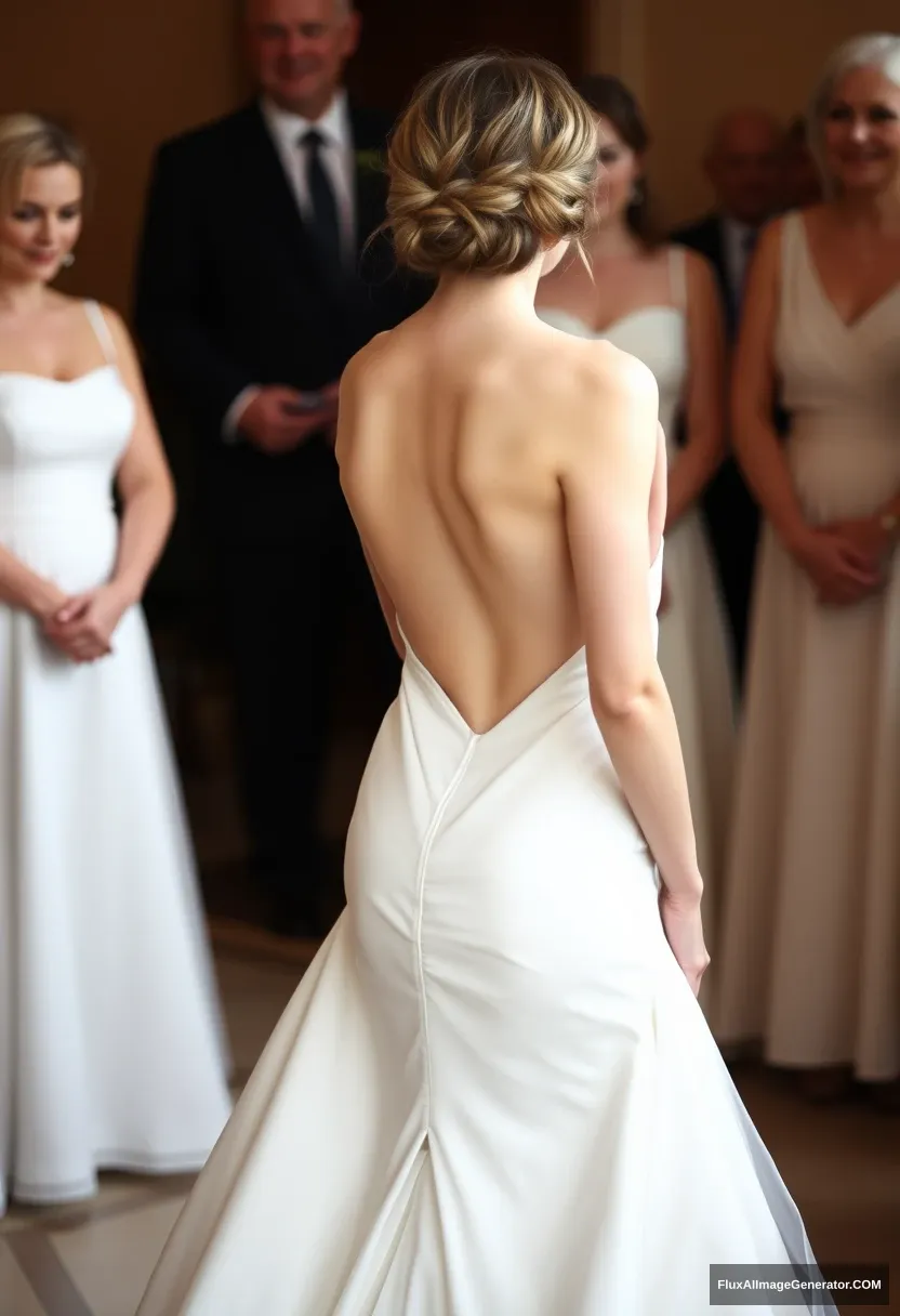 A short young woman, sensitive, delicate, backless strapless side-less low-waisted contouring wedding dress with an open rear that seems like it was intentionally left undone. Submitting before the council of fathers. Expectations. Perfect posture. Pale skin. - Image