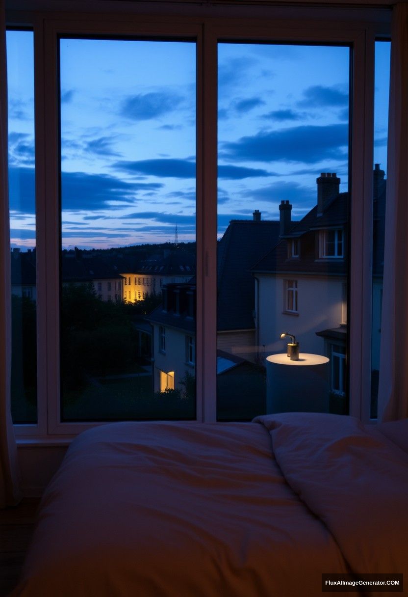 big glass window, bedroom scenery, midnight at France neighbours