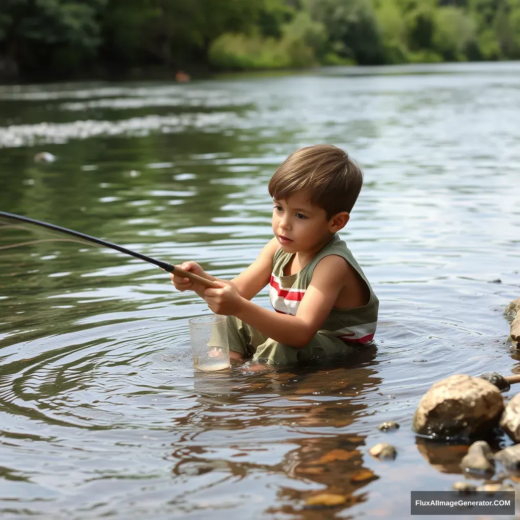 Small boy fishing in a river. - Image