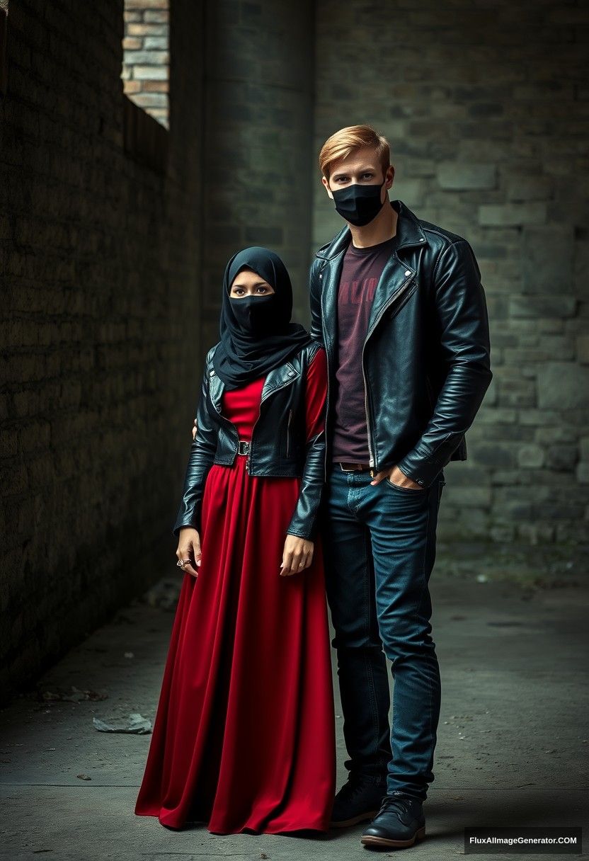 A biggest black hijab girl, beautiful eyes, face mask black, black leather jacket, biggest red longest dress, not tall,

Jamie Dornan, handsome, face mask black, fit and tough body, metal red t-shirt, black leather jacket, jeans, tall man,

standing near wall together,
Hyper realistic, photorealistic, street photography, Victoria's abandoned castle, gloomy, darkness.