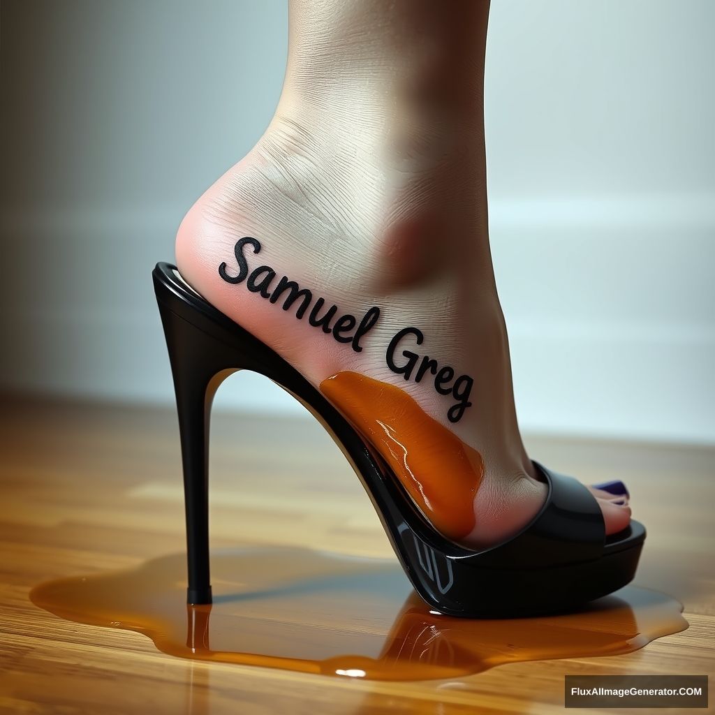 The name "Samuel Greg" on a woman's foot in a black high heel. There is oil all over the foot.