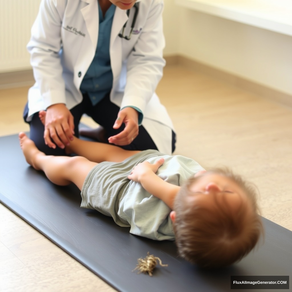 A child with cerebral palsy is undergoing rehabilitation training, guided by a rehabilitation therapist. The child is lying on a mat, and the therapist is bending the child's right leg. The therapist is wearing a white doctor's coat, while the child is dressed in a short-sleeved shirt and shorts.