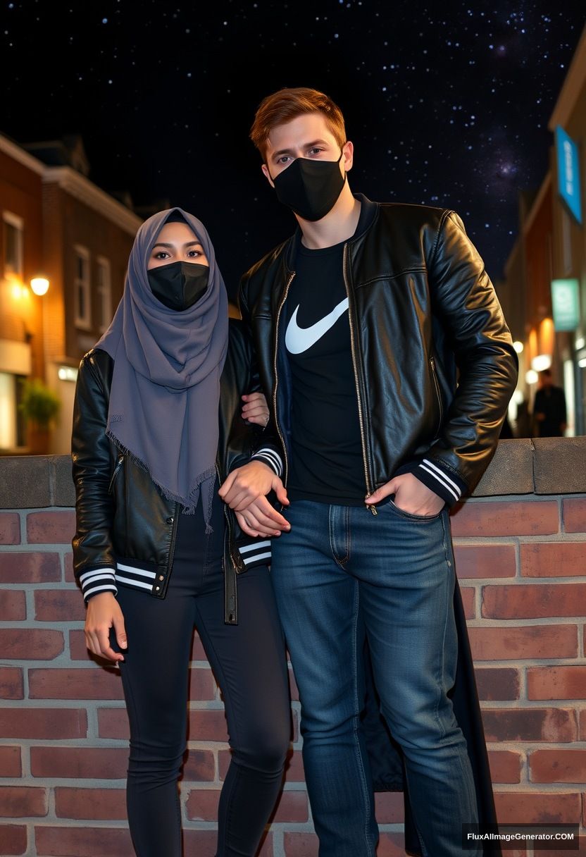 Jamie Dornan, youngest, black face mask, collage jacket, Nike t-shirt, jeans, tall man, fit body,

Dating, love with the biggest grey hijab Muslim girl, beautiful eyes, black face mask, leather jacket, biggest longest skirt, slim, not tall girl, love holding his arm,

Standing at a brick wall, spoiler, in town, night scenery, Milky Way, hyper-realistic, photorealistic, street photography. - Image