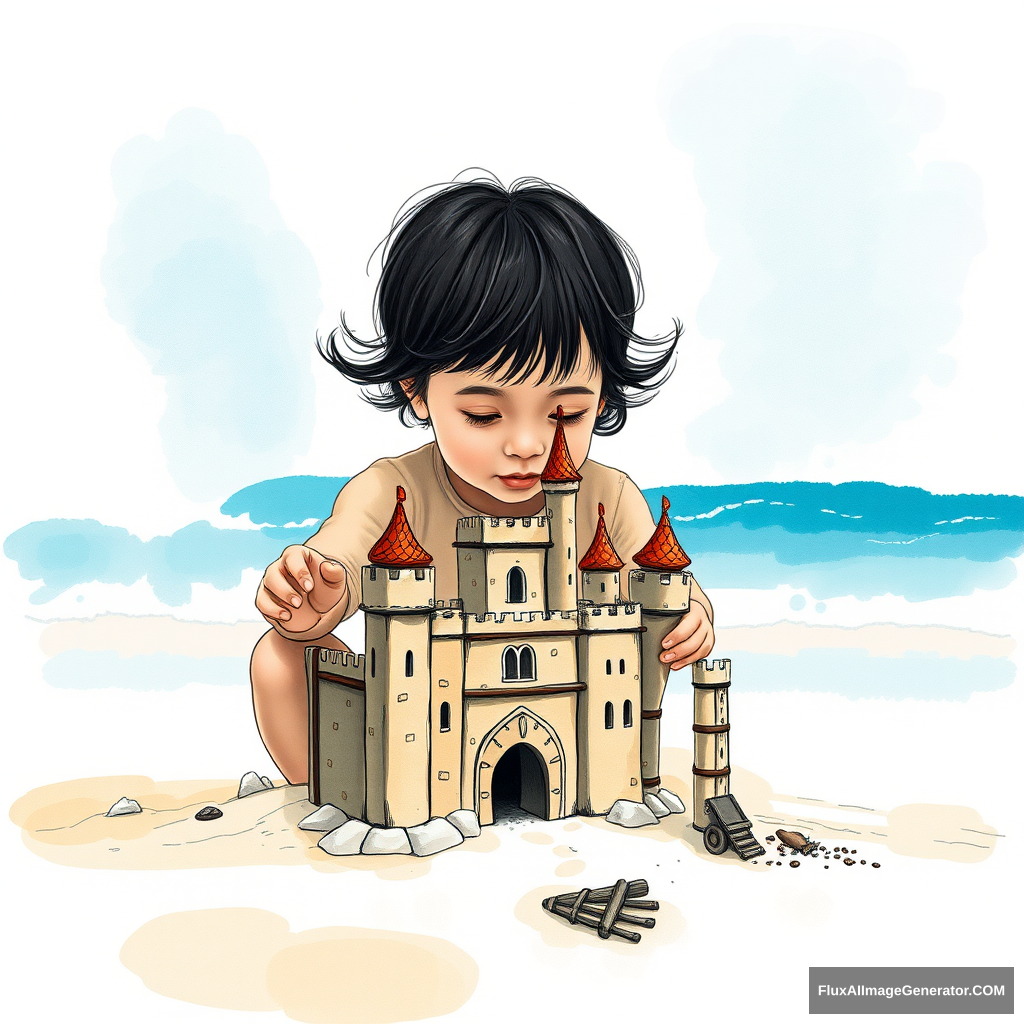 A 3-year-old child is building their dream castle on the beach in the style of Chinese ink wash painting, with a cyan background and a blue ocean.