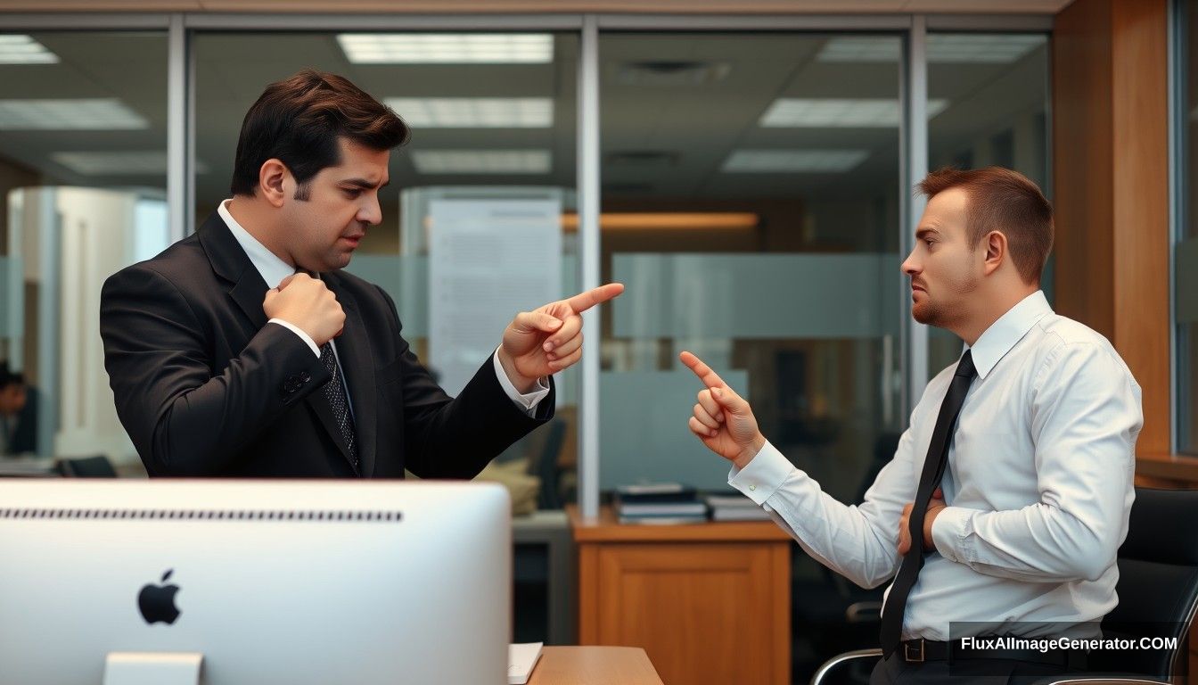 This is an office scene. There is a man in a black suit on the left side of the screen. His name is Paul. Paul is very angry. He smacks his hand and points to the right at another man wearing a white shirt and a black tie. His name is Ivan. Ivan refused to talk to Paul; his opponent made a blocking gesture and had a disgusted facial expression.