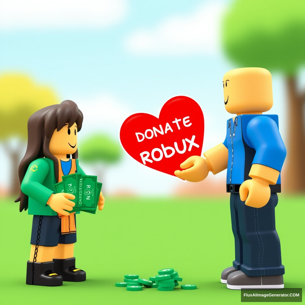 Please donate Roblox game Robux, standing by begging for Robux from another character while another character gives Robux money to the poor.