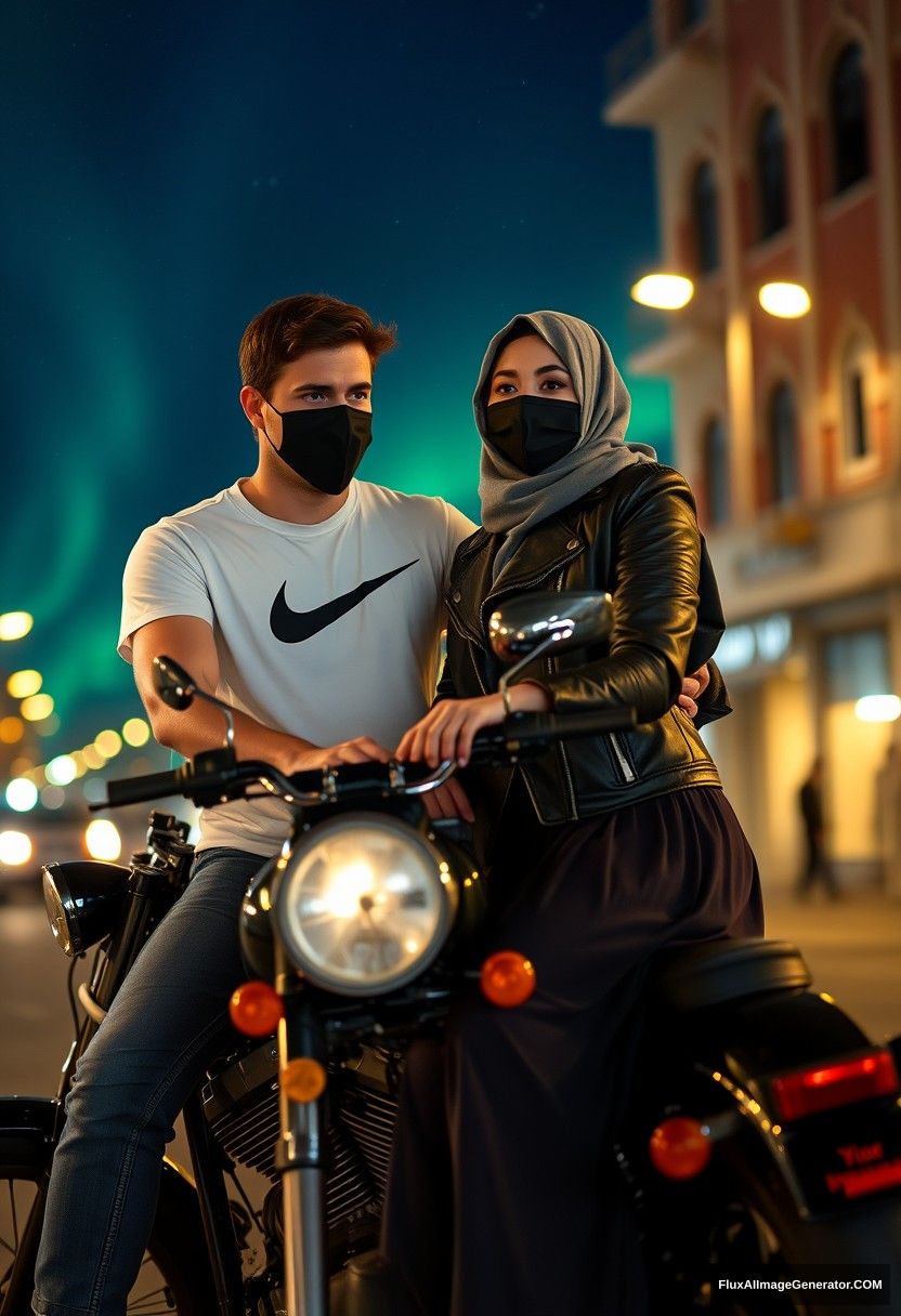 Jamie Dornan, tall, young, black face mask, white Nike T-shirt, jeans, 

dating a romantic love with a grey hijab Muslim girl, beautiful eyes, black face mask, leather jacket, very long and wide skirt, not a tall girl,  

sitting for photography on a Harley Davidson motorcycle, in town, photorealistic, street photography, night scenery, aurora borealis.