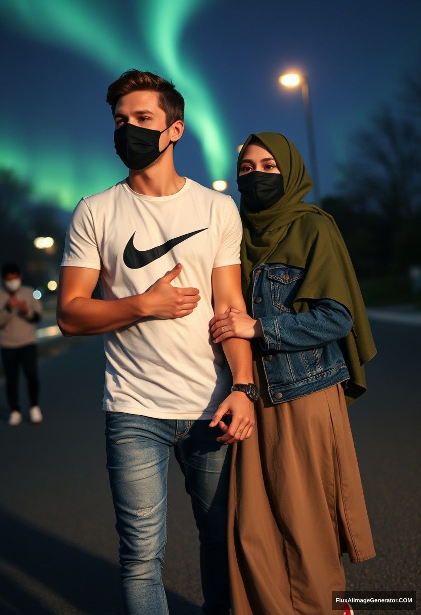 Jamie Dornan, handsome, black face mask, white Nike T-shirt, jeans, sneakers, dating romantically with an army green hijab-wearing Muslim girl, beautiful eyes, black face mask, denim jacket, longest skirt, not a tall girl, red sneakers, holding hands, photorealistic, street photography, full photography, selfie photos, night scenery, aurora.