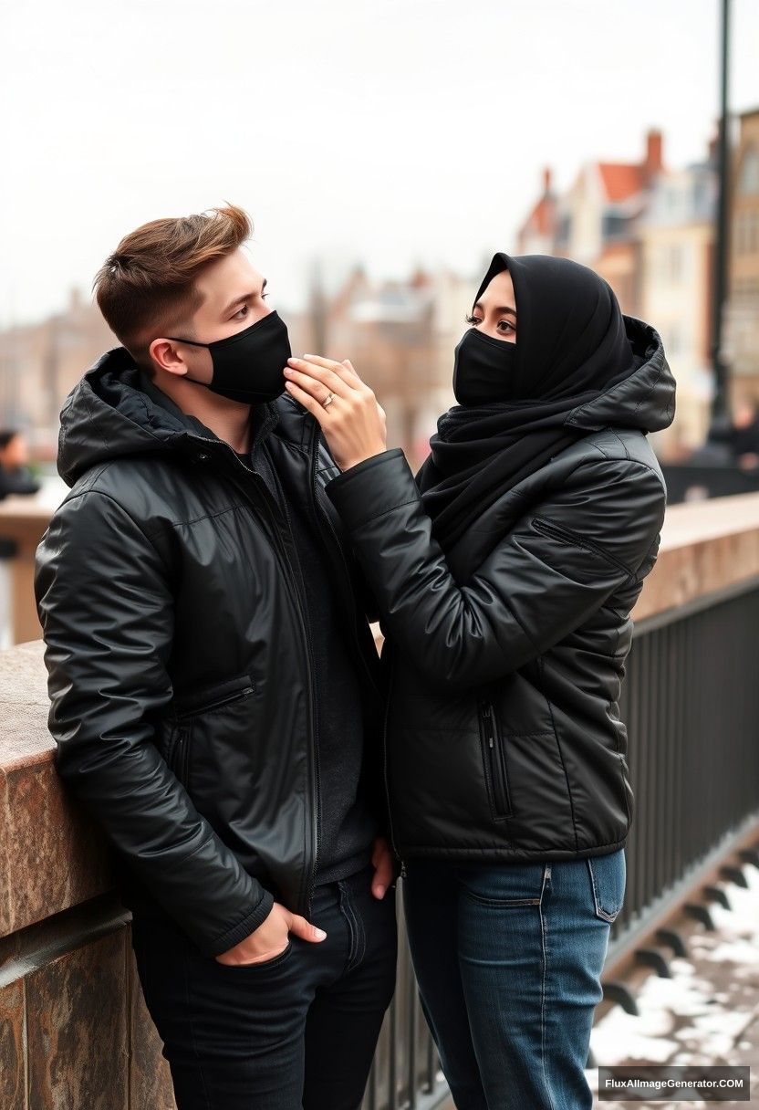 Jamie Dornan, handsome, young, wearing a black face mask, snow jacket, and jeans, dating a beautiful Muslim girl wearing a black hijab, known for her beautiful eyes. They are both wearing black face masks, with him in a black leather jacket. In a winter setting, they stand together near a wall in the town, playfully pinching each other's cheeks, captured in a photorealistic street photography style.