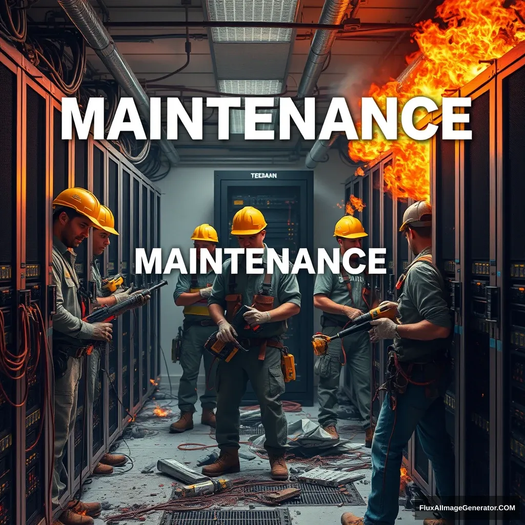 A highly detailed image of construction workers working hard in a server room with the text "MAINTENANCE" written on top. They're all sweating and using various power tools, Servers are super-hot and some are in flames. Some servers are already destroyed.