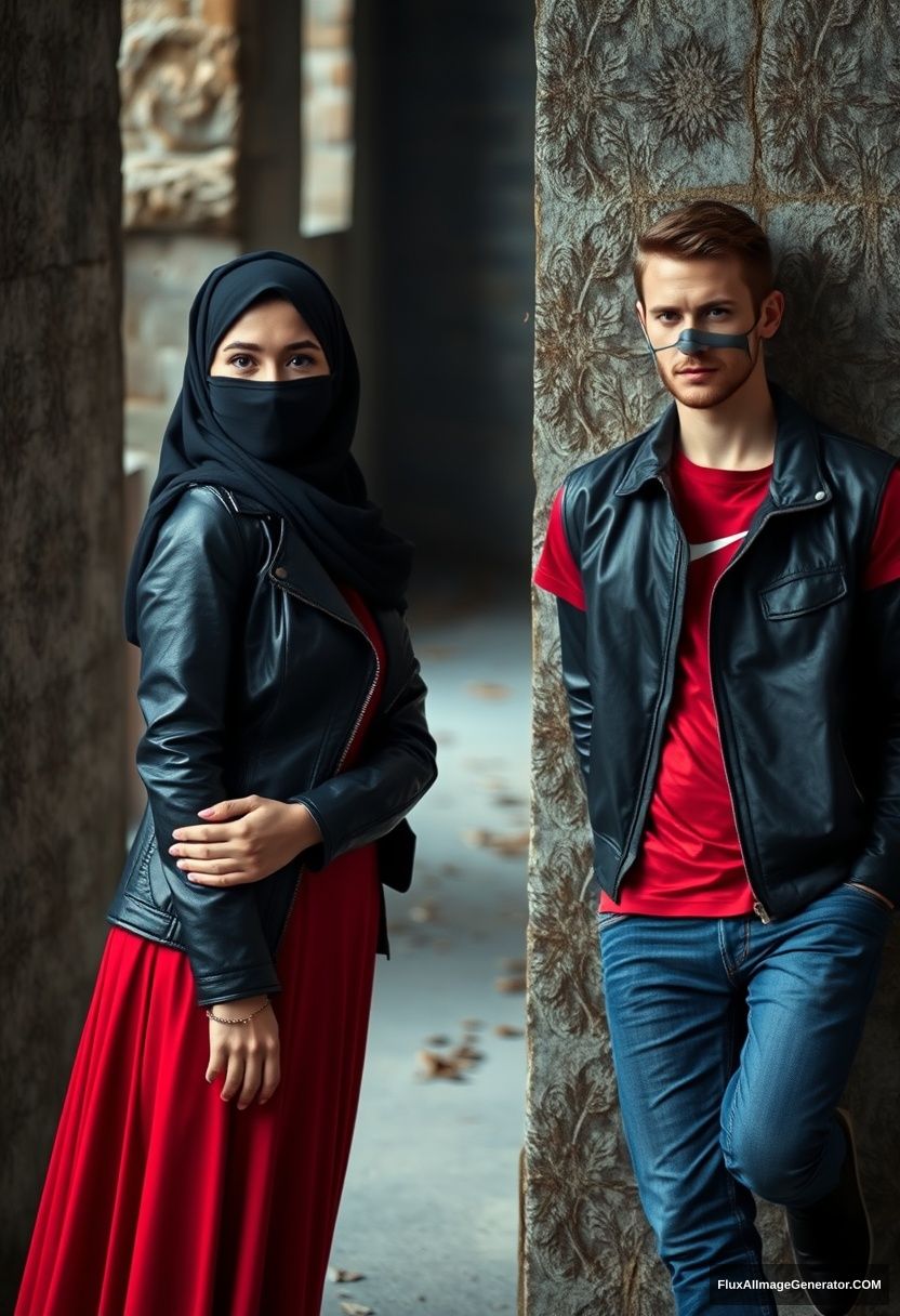 A biggest black hijab girl, beautiful eyes, face mask black, black leather jacket, biggest red longest dress, not tall, standing near him,

Jamie Dornan, handsome, youngest, face mask black, fit and tough body, Nike red t-shirt, black leather jacket, jeans, tall man, laying against the wall,

Hyper realistic, photorealistic, studio photography, Victoria's abandoned castle, gloomy.