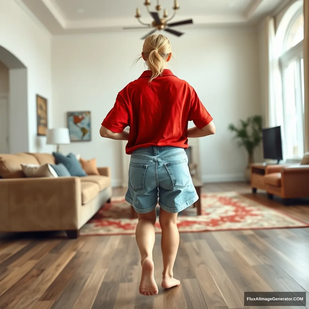 Front view of a blonde skinny woman in her massive living room, wearing an oversized red polo t-shirt that is very unbalanced on one of the shoulders. She is wearing large light blue denim shorts that reach her knees, and she is barefoot. She faces the camera while getting off her chair and runs toward the camera with both her arms at her sides.