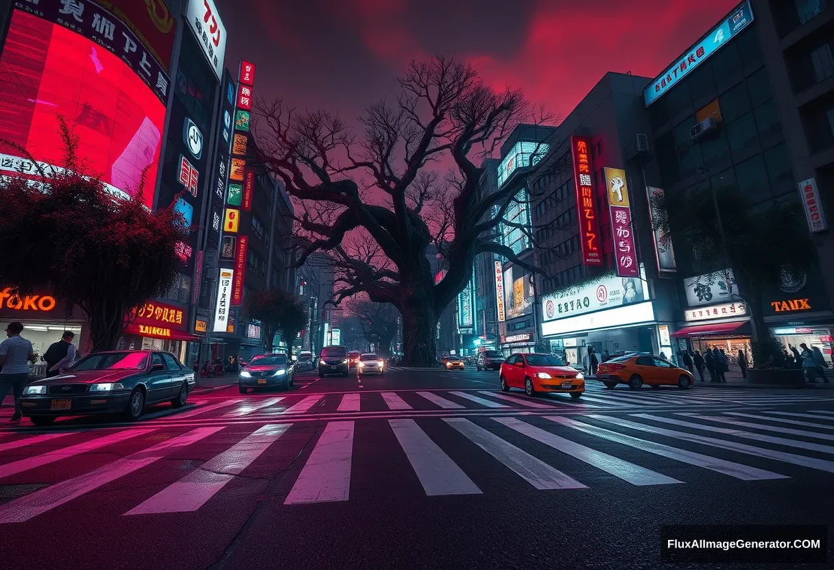 A cyberpunk style game concept design picture, wide-angle shot, Shibuya Scramble Crossing, Ghostwire Tokyo, night scene, crosswalk line, abandoned vehicles, red lycoris, blue and purple neon lights, savage vines and giant trees cling to buildings along the street, sky is dyed red.