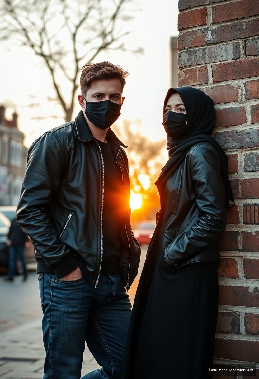 Jamie Dornan, handsome, young, black face mask, collage jacket, jeans, dating a beautiful Muslim girl in a black hijab with beautiful eyes, wearing a black face mask, black leather jacket, the largest skirt standing and lying against a brick wall, town, morning scenery, sunrise, photorealistic, street photography.