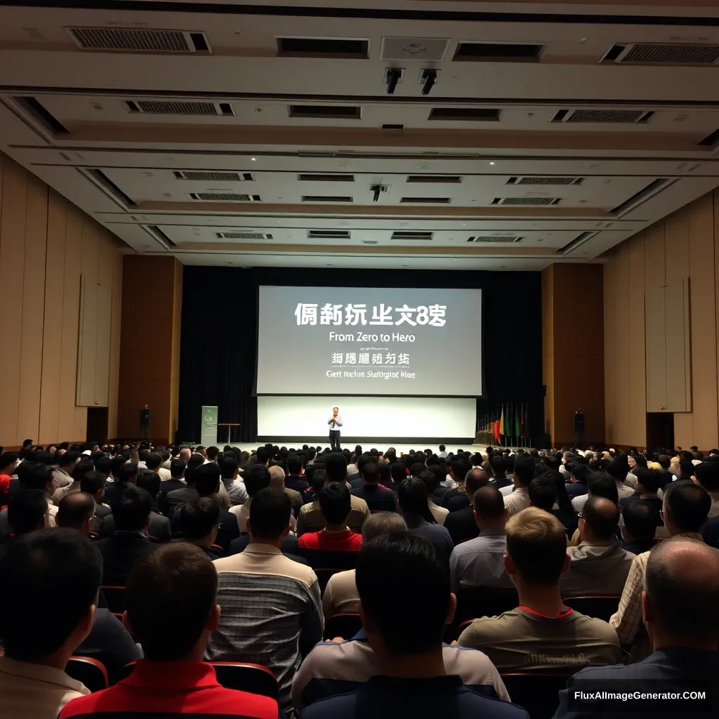 A large conference room is crowded with spectators. On the stage, a speaker stands in front of a big screen, which displays the Chinese text "Starting K8s: From Zero to Hero." The audience is fully engaged, attentively listening to the speaker's presentation. The room's lighting is dim, but the stage is brightly lit, illuminating the speaker and the screen. This scene conveys a sense of knowledge sharing and learning. - Image