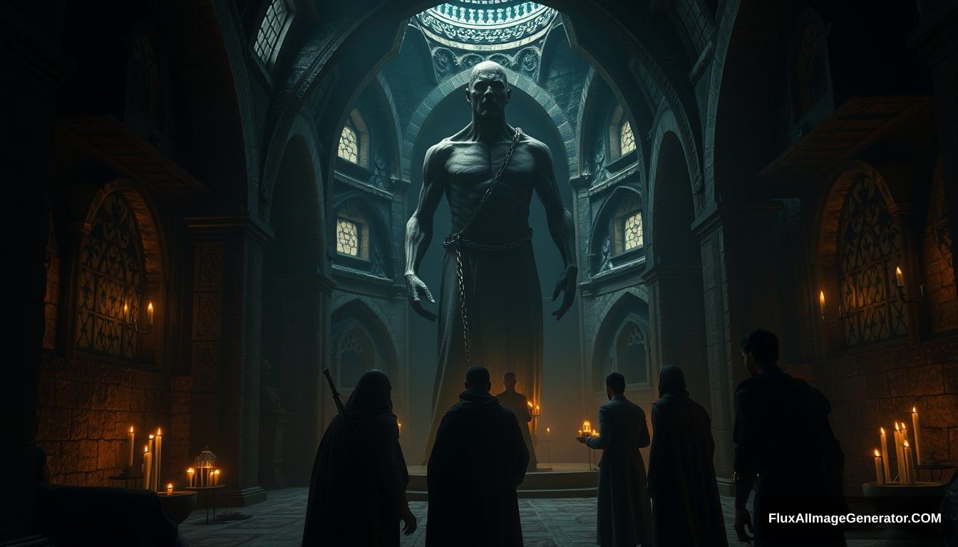 The interior of an ancient, dimly lit monastery. Tamim and his companions encounter Dajjal, a towering, menacing figure bound by chains, with a terrifying appearance. Ultra HD, realistic, dark, and atmospheric with cinematic lighting. - Image