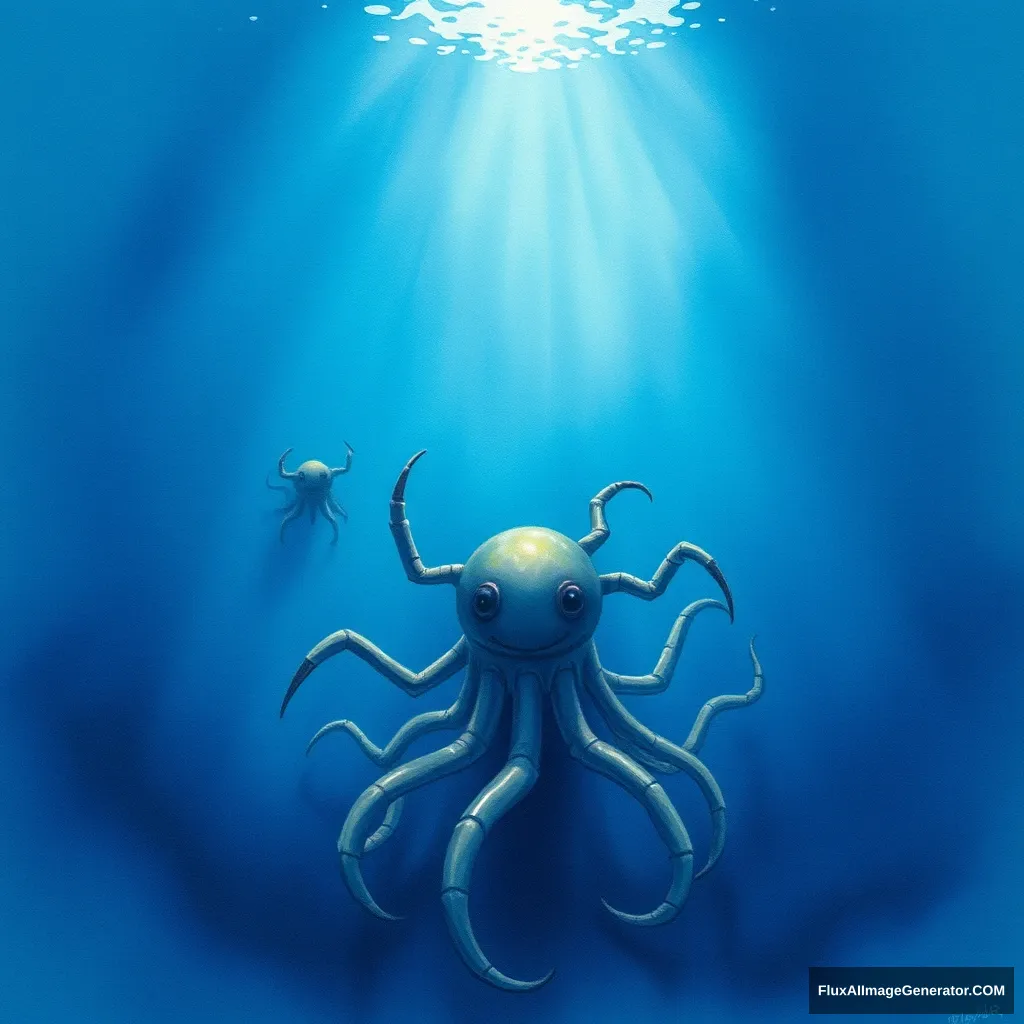 A deep blue ocean with creatures that were not able to be seen by ordinary people. A dimming light coming from above. A watercolor image. - Image