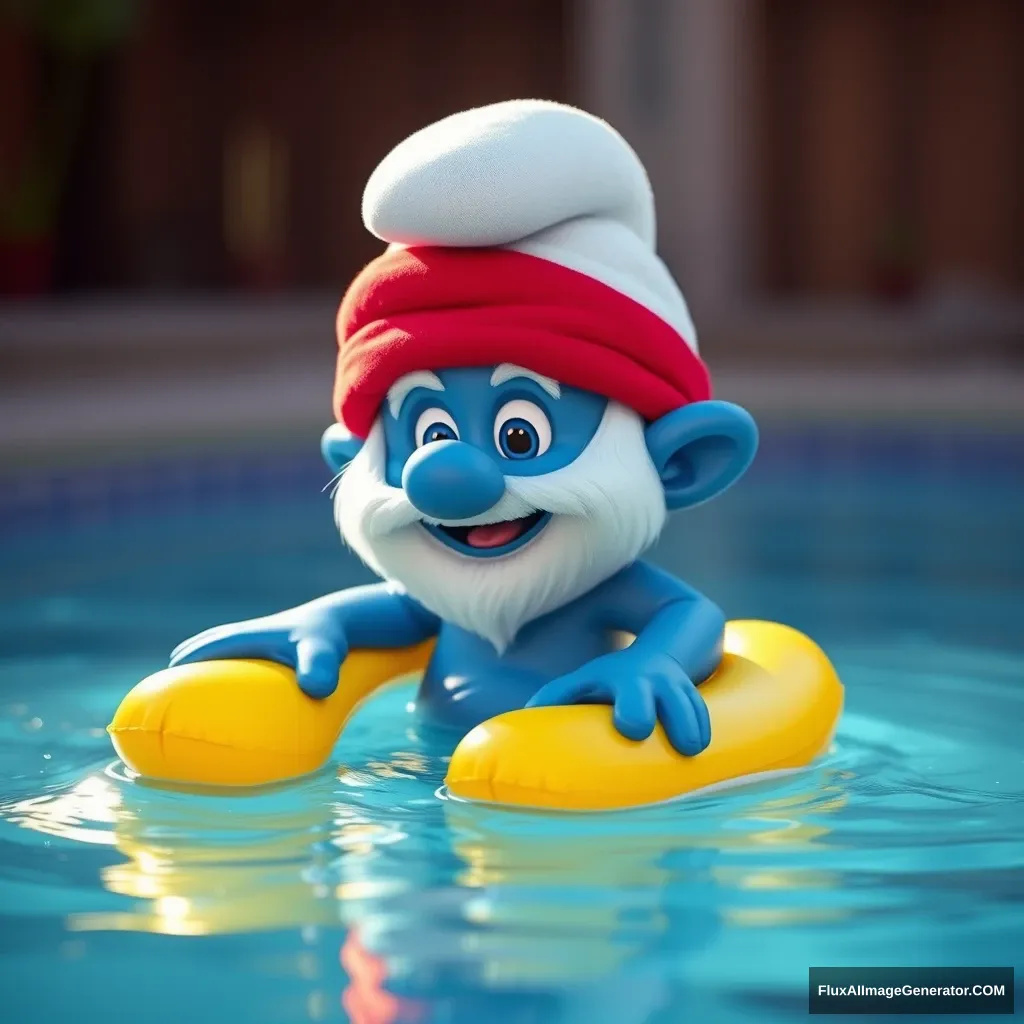 "Create an image of a Smurf swimming in the pool with floaties."