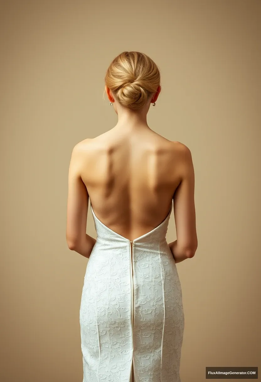 A short young woman, sensitive, delicate, backless strapless side-less low-waisted contouring wedding dress with an open rear that seems like it was intentionally left undone. Submitting before the council of fathers. Expectations. Perfect posture. Pale skin.