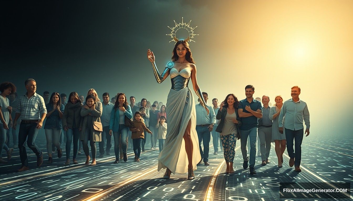 Hyper-realistic style featuring a powerful and inspiring image depicting the concept of blockchain and decentralization. In the foreground, a futuristic and sci-fi styled goddess symbolizing blockchain and decentralization leads the people towards a bright future. The goddess appears mostly human, with only about 10% of her body showing high-tech elements, such as a mechanical arm or eye. She stands on a digital road made of glowing lines and various random characters, including 0s and 1s, symbolizing the path of digitalization. She is surrounded by families and individuals of predominantly European descent who are joyous and supportive, embracing and helping each other. The scene is grand and panoramic, with light shining from the front, illuminating the entire scene. - Image