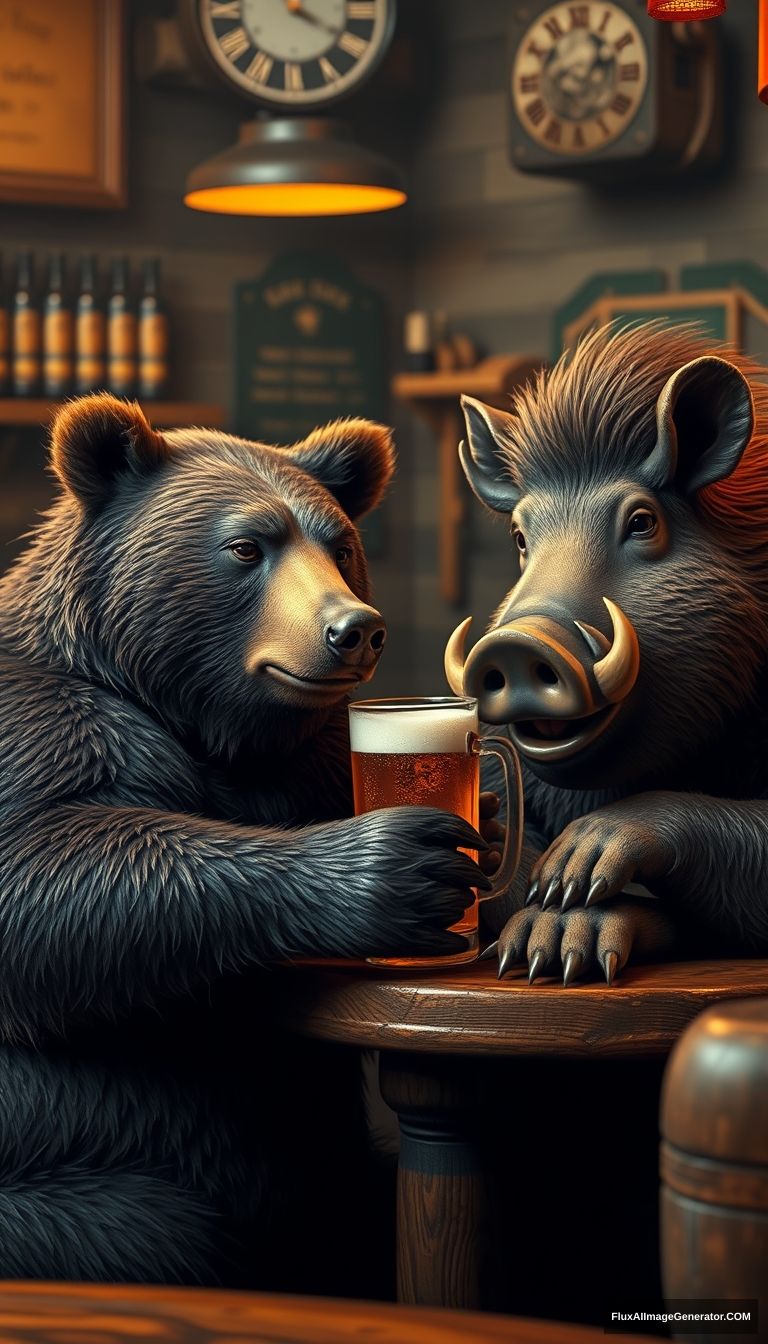 a photorealistic bear and a boar having beer together at a bar - Image